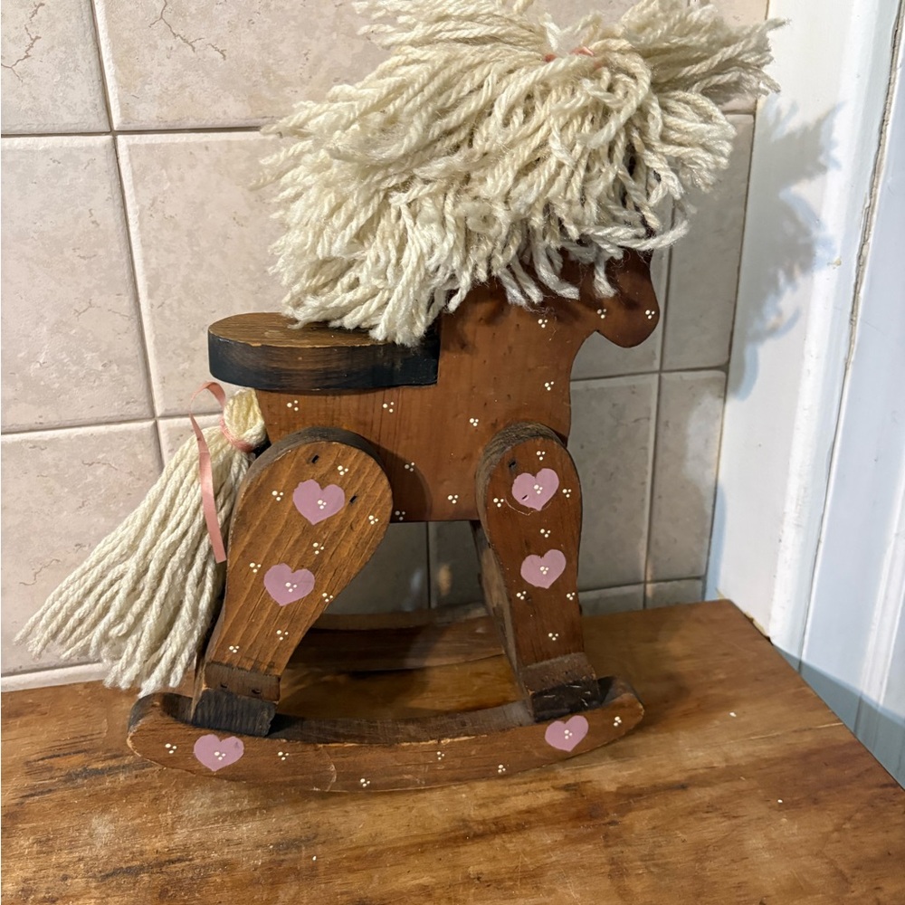 VTG Handmade Small Wooden Rocking Horse with Hair Green Hearts and Bows Decor